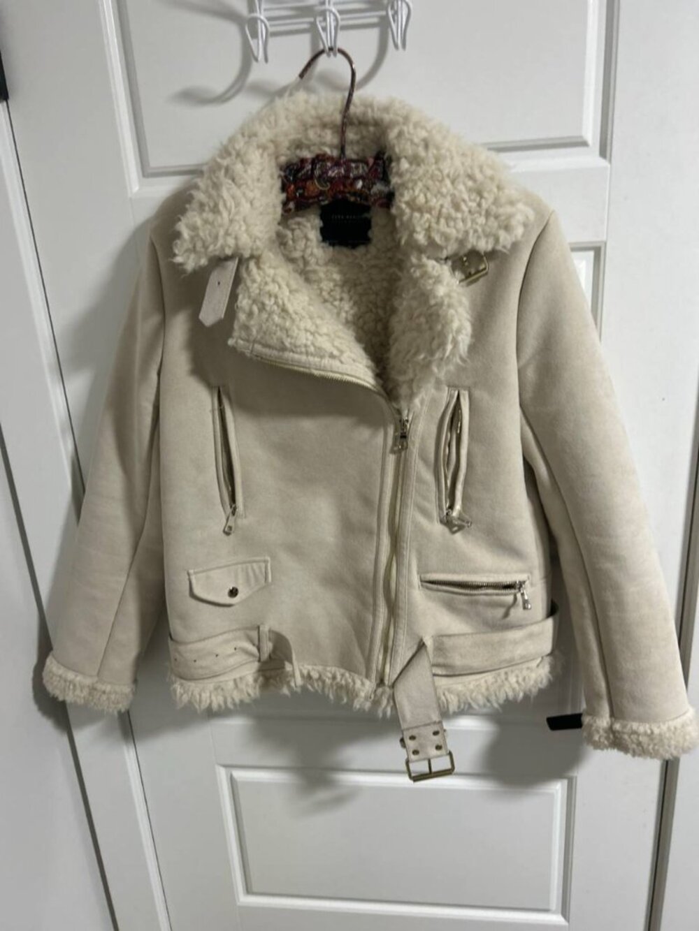 Zara Basic Faux Shearling Moto Jacket Cream Size S